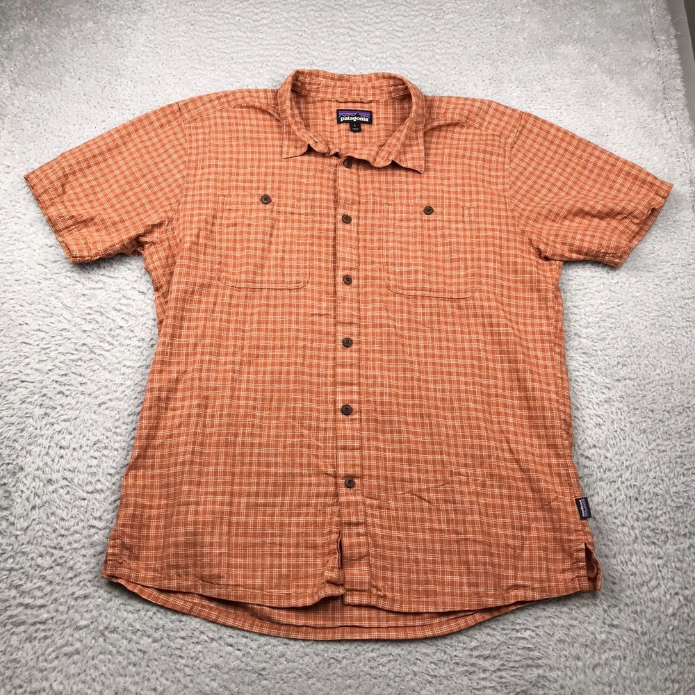 Patagonia Back Step Shirt Mens L Brown Check Lightweight Pockets Short Sleeve